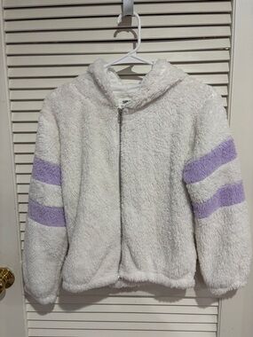 White Hooded Kids Puffer Jacket with Lavender Sleeve Stripes
